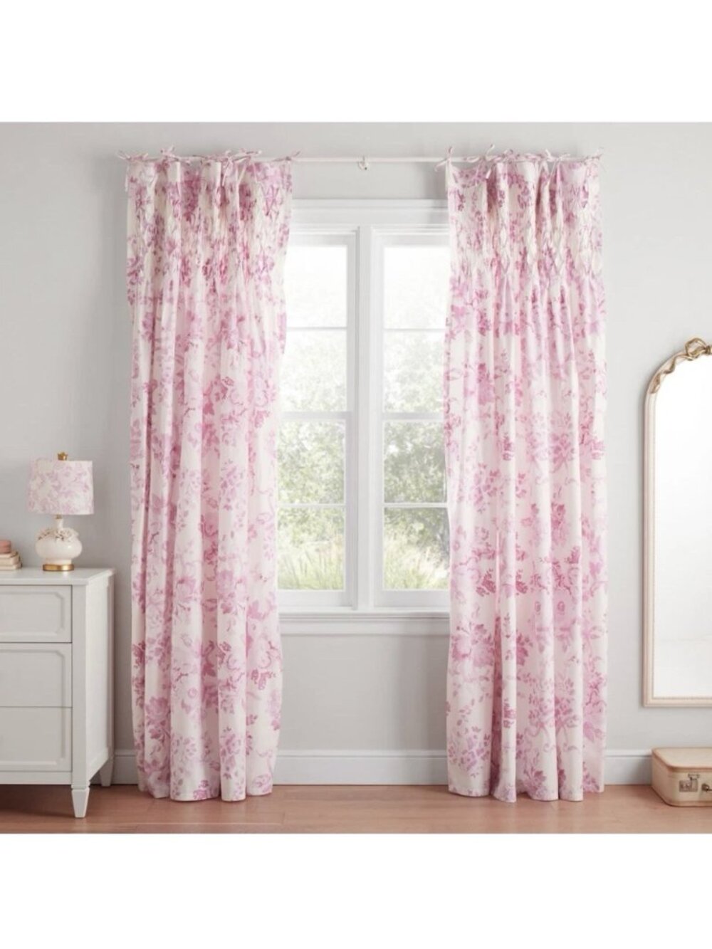 LoveShackFancy Garden Damask Smocked Light-Filtering Curtais Pink 52"W x 84"L